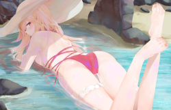 Rule 34 | 1girl, ass, azur lane, barefoot, beach, bikini, blonde hair, blush, bridal garter, chinese commentary, commentary request, hat, highres, long hair, looking back, lying, nail polish, on stomach, partially submerged, red eyes, richelieu (azur lane), richelieu (fleuron of the waves) (azur lane), rock, ru zhai, solo, swimsuit, the pose, water