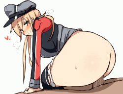Rule 34 | 10s, 1boy, 1girl, animated, animated gif, ass, blonde hair, bottomless, breasts, cassandra (seishun katsu sando), censored, clothed sex, erection, girl on top, green eyes, hat, hetero, huge ass, kantai collection, long hair, looking back, penis, prinz eugen (kancolle), pussy juice, sex, sweat, thighhighs, thighs, ugoira, underwear, vaginal