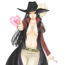 Rule 34 | 1girl, amazon warrior, belt, black eyes, black hair, boa hancock, breasts, cleavage, coat, cocotri, cosplay, cross, dracule mihawk, dracule mihawk (cosplay), female focus, finger gun, hat, heart, jewelry, large breasts, lining, long hair, necklace, no bra, one eye closed, one piece, open clothes, open shirt, shirt, solo, topless, weapon, wink