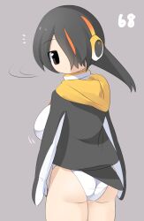 Rule 34 | 1girl, ass, bird tail, black hair, black jacket, breasts, closed mouth, commentary request, cowboy shot, emperor penguin (kemono friends), expressionless, from behind, grey background, hair between eyes, hair over one eye, headphones, highres, jacket, kemono friends, large breasts, lets0020, long bangs, looking at viewer, looking back, multicolored hair, numbered, one-piece swimsuit, orange hair, short hair, simple background, solo, streaked hair, swimsuit, tail, white one-piece swimsuit