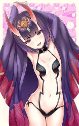 Rule 34 | 1girl, armpits, arms up, bad id, bad pixiv id, blunt bangs, bob cut, breasts, cowboy shot, fate/grand order, fate (series), hamalu, highres, horns, japanese clothes, leaning to the side, navel, oni, open mouth, pale skin, purple eyes, purple hair, revealing clothes, shuten douji (fate), shuten douji (first ascension) (fate), skin-covered horns, small breasts, smile, solo