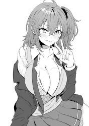 Rule 34 | 1girl, :p, ahoge, blazer, breasts, cleavage, collared shirt, fate/grand order, fate (series), fujimaru ritsuka (female), fujimaru ritsuka (female) (souya high school uniform), grey hair, greyscale, hair ornament, hair scrunchie, hand up, highres, jacket, large breasts, long sleeves, medium hair, monochrome, necktie, official alternate costume, open clothes, open jacket, partially unbuttoned, pleated skirt, school uniform, scrunchie, shimen soka, shirt, side ponytail, skirt, solo, tongue, tongue out, tsukihime, undone necktie, v