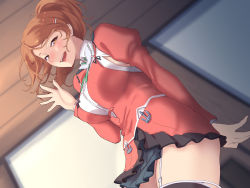 Rule 34 | 1girl, aquila (kancolle), armpit cutout, black skirt, black thighhighs, blurry, breasts, brown eyes, clothing cutout, collarbone, cowboy shot, depth of field, dutch angle, garter straps, green ribbon, hair ornament, hairclip, hand up, high ponytail, jacket, juliet sleeves, kantai collection, large breasts, long hair, long sleeves, miniskirt, open mouth, orange hair, pleated skirt, puffy sleeves, red jacket, ribbon, shingyou (alexander-13), shirt, skirt, smile, solo, thighhighs, wavy hair, white shirt