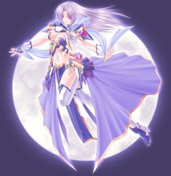 Rule 34 | 1girl, albino, armor, breasts, character request, choker, copyright request, full moon, gloves, large breasts, long hair, midriff, moon, navel, pauldrons, red eyes, sash, shoulder armor, silver hair, solo, tabard, thighhighs, white thighhighs