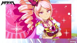 Rule 34 | 1girl, artist request, breasts, cleavage, crossed arms, dark-skinned female, dark skin, drill hair, highres, jewelry, large breasts, long hair, magical girl, magicami, official art, official wallpaper, pink eyes, pink hair, sidelocks, yarimizu lilly