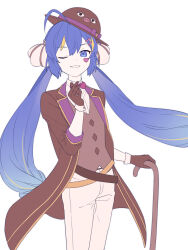 Rule 34 | 1girl, ahoge, alternate costume, aqua hair, blue eyes, blue hair, bow, bowler hat, bowtie, brown coat, brown gloves, brown hat, brown vest, cane, coat, collared shirt, eel hat, facial mark, gloves, gradient hair, grin, hair between eyes, hair ornament, hat, heart, heart facial mark, highres, holding, holding cane, long hair, looking at viewer, low-braided long hair, low-tied long hair, low twintails, multicolored hair, one eye closed, open clothes, open coat, orange hair, otomachi una, otomachi una (spicy), pants, pink bow, pink bowtie, shirt, sleeves past elbows, smile, solo, streaked hair, suiso sn3, twintails, very long hair, vest, vocaloid, white background, white pants, white shirt