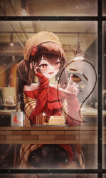 Rule 34 | 1girl, absurdres, alternate costume, bare shoulders, black nails, black pantyhose, blush, boo tao (genshin impact), brown hair, brown headwear, cafe, cake, cake slice, chocolate cake, coffee mug, condensation, contemporary, counter, cup, dress, drink, elbow rest, flower, flower-shaped pupils, food, genshin impact, glass, glass writing, hair flower, hair ornament, highres, hu tao (genshin impact), indoors, jewelry, long hair, looking at object, mug, off-shoulder sweater, off shoulder, open mouth, pantyhose, pastry, plum blossoms, red eyes, red flower, red sweater, ring, sidelocks, sitting, sleeves past wrists, smile, solo, steam, sweater, sweater dress, symbol-shaped pupils, tiokun7, turtleneck, turtleneck sweater, twintails, window