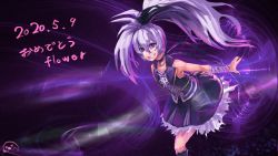 Rule 34 | 1girl, bandaged arm, bandages, character name, collar, commentary, congratulations, cowboy shot, dated, dress, flower (vocaloid), flower (vocaloid3), frilled skirt, frills, grin, kneehighs, leaning forward, long hair, looking at viewer, multicolored hair, neck ribbon, ponytail, purple dress, purple eyes, purple hair, purple skirt, r273ei, ribbon, skirt, smile, socks, solo, streaked hair, vocaloid, white hair
