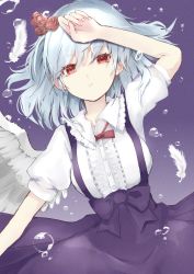 Rule 34 | 1girl, alternate costume, arm over head, bow, breasts, bubble, closed mouth, commentary request, dress, feathers, flower, gradient background, hair flower, hair ornament, hand on own forehead, highres, kishin sagume, large breasts, looking at viewer, lying, medium hair, mirokudays, on back, puffy short sleeves, puffy sleeves, red bow, red eyes, red neckwear, short sleeves, silver hair, single wing, skirt, solo, suspender skirt, suspenders, touhou, underwater, wings