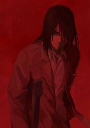 Rule 34 | 1boy, absurdres, brown hair, closed mouth, coat, collared coat, collared shirt, cowboy shot, crutch, darao (daradara suyaaa), eren yeager, green eyes, hair over one eye, highres, looking at viewer, male focus, medium hair, red background, red theme, shingeki no kyojin, shirt, solo, standing
