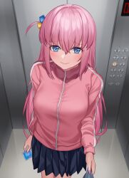 Rule 34 | 1girl, absurdres, black skirt, blue eyes, blush, bocchi the rock!, breasts, condom, condom wrapper, elevator, gotoh hitori, hair tie, heta, highres, holding, holding condom, jacket, large breasts, long hair, looking at viewer, nail polish, pink hair, pink jacket, pink nails, pleated skirt, skirt, smile, solo, sweat, track jacket