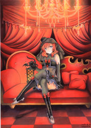 Rule 34 | 10s, 1girl, 2016, bare shoulders, black dress, black gloves, black hat, bow, bowtie, chandelier, checkered floor, closed mouth, couch, crossed legs, dated, dress, elbow gloves, fishnet thighhighs, fishnets, flower, full body, glint, gloves, grey footwear, hat, head tilt, indoors, lantern, lolita fashion, looking at viewer, love live!, love live! school idol festival, love live! school idol project, mini hat, mosho, nishikino maki, on couch, pillow, purple eyes, red bow, red bowtie, red flower, red hair, red rose, red theme, rose, shoes, short hair, signature, sitting, smile, thighhighs, traditional media, veil, zettai ryouiki