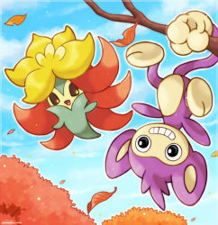Rule 34 | aipom, animal focus, artist name, autumn leaves, bad id, bad pixiv id, black eyes, blue sky, brown sclera, cloud, colored sclera, creatures (company), day, floating, game freak, gen 2 pokemon, gen 8 pokemon, gossifleur, grin, hanging, happy, highres, leaf, looking at viewer, looking to the side, nintendo, no humans, open mouth, outdoors, outline, pokemon, pokemon (creature), prehensile tail, rorosuke, sky, smile, tail, teeth, tree, twitter username, upside-down, white outline, yellow eyes