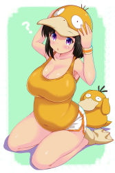 Rule 34 | 1girl, :o, ?, animal hat, bare shoulders, belly, black hair, blush, breasts, cleavage, covered navel, creatures (company), covered erect nipples, artistic error, fumitsuki kyou, game freak, gen 1 pokemon, hands on headwear, hat, highres, large breasts, nintendo, personification, plump, pokemon, pokemon (creature), psyduck, purple eyes, seiza, short shorts, shorts, sitting, tank top, thighs