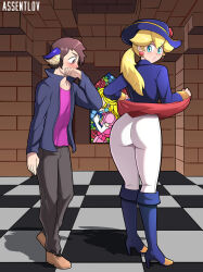 Rule 34 | 1boy, 1girl, ass, assentlov, blonde hair, blue eyes, blush, boots, brown eyes, brown hair, earrings, from behind, hat, highres, jewelry, looking at another, mario (series), nintendo, ponytail, princess peach, princess peach: showtime!, standing, swordfighter peach