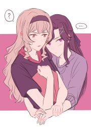Rule 34 | ..., 2girls, ?, absurdres, arms around waist, black hairband, blonde hair, blush, brown hair, closed mouth, commentary, ear blush, hairband, hand on another&#039;s arm, highres, hug, long hair, long sleeves, multiple girls, parted lips, pink background, purple eyes, purple shirt, red eyes, rtf 11th, saijou claudine, shirt, short sleeves, shoujo kageki revue starlight, spoken ellipsis, spoken question mark, sweatdrop, tendou maya, two-tone background, upper body, white background, yuri