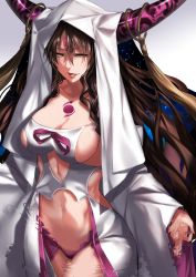 Rule 34 | 10s, 1girl, :d, bare shoulders, black hair, breasts, cleavage, collarbone, commentary request, cowboy shot, detached sleeves, facial mark, fate/extra, fate/extra ccc, fate/grand order, fate (series), forehead mark, highres, horn ornament, horns, karlwolf, large breasts, long hair, long sleeves, looking at viewer, mature female, navel, open mouth, panties, parted lips, purple panties, revealing clothes, sessyoin kiara, sideboob, smile, solo, stomach, underwear, veil, very long hair, wavy hair, wide sleeves, yellow eyes
