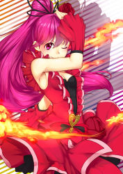Rule 34 | 10s, 1girl, absurdres, aino megumi, alternate form, armpits, bad id, bad pixiv id, brooch, cure lovely, cure lovely (cherry flamenco), detached sleeves, dress, fire, flower, frills, hair flower, hair ornament, happinesscharge precure!, heart, heart brooch, highres, huai diao de zongzi, jewelry, long hair, magical girl, one eye closed, pink eyes, pink hair, ponytail, precure, red dress, red flower, red rose, rose, shadow, smile, solo, striped, striped background, very long hair, wide ponytail