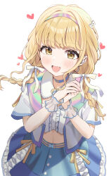 Rule 34 | 1girl, :d, absurdres, blonde hair, blue skirt, bow, braid, commentary, cropped shirt, frilled shirt, frilled skirt, frills, fujita kotone, gakuen idolmaster, hair bow, hair ribbon, hairband, heart, highres, idolmaster, jacket, loloco, looking at viewer, low twin braids, midriff, open clothes, open jacket, open mouth, own hands together, ribbon, sekaiichi kawaii watashi (idolmaster), shirt, short sleeves, simple background, skirt, smile, solo, twin braids, upper body, white background, white jacket, white ribbon, yellow eyes