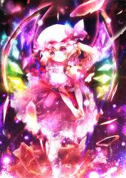 Rule 34 | 1girl, aquamarine, blonde hair, bobby socks, female focus, flandre scarlet, glowing, own hands clasped, hat, laevatein, looking at viewer, mary janes, own hands together, purple eyes, red eyes, shoes, short hair, side ponytail, socks, solo, standing, touhou, v arms, wings