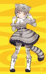Rule 34 | 1girl, animal ears, animal print, blush, boots, bow, bowtie, cat ears, cat girl, cat print, cat tail, claw pose, clenched teeth, frilled skirt, frills, full body, fur trim, gloves, grey hair, grey skirt, grey sweater, grin, hatagaya, high-waist skirt, kemono friends, long sleeves, pallas&#039;s cat (kemono friends), short hair, skirt, smile, solo, sweater, tail, teeth, uneven eyes, white bow, white bowtie, white gloves, winter clothes, yellow eyes