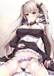 Rule 34 | 1girl, azur lane, between breasts, black dress, blush, breasts, cleavage, clothes lift, dress, dress lift, earrings, formidable (azur lane), frilled dress, frills, fukuda shuushi, garter belt, garter straps, gluteal fold, grey hair, highres, jewelry, lace, lace-trimmed legwear, lace trim, large breasts, long hair, looking at viewer, open mouth, panties, red eyes, ribbon, sitting, solo, thighhighs, thighs, twintails, two-tone dress, two-tone ribbon, underwear, very long hair, white panties, white thighhighs
