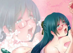 Rule 34 | 1girl, aqua eyes, ass, blue hair, blush, breasts, cucumber, food, food insertion, glasses, hair ornament, japanese clothes, kozue akari, long hair, medium breasts, object insertion, open mouth, original, red-framed eyewear, saliva, smile, solo, tongue, tongue out, zoom layer