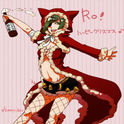 Rule 34 | 1girl, alcohol, artist name, asymmetrical hair, bandages, beer, beer bottle, black shorts, bottle, breasts, commentary request, cowboy shot, cross-laced clothes, cross-laced top, diagonal bangs, eyepatch, fishnet pantyhose, fishnets, flowery peko, fur-trimmed shorts, fur trim, green eyes, green hair, holding, holding bottle, hood, hood up, jacket, long sleeves, looking at viewer, medium breasts, navel, open mouth, pantyhose, pointy ears, ragnarok online, red jacket, rogue (ragnarok online), short hair, short shorts, shorts, smile, solo, striped, striped background, teeth, tongue, translation request, upper teeth only