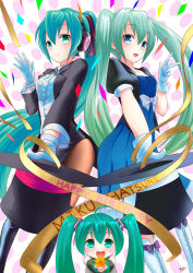 Rule 34 | 3girls, aqua eyes, aqua hair, artist name, bad id, bad pixiv id, black hat, blouse, boots, center frills, character name, chibi, collared shirt, detached sleeves, dress, fishnet pantyhose, fishnets, flower, frills, gloves, green eyes, green hair, happy birthday, hat, hatsune miku, headphones, highres, knee boots, kyo (kyo21413), long hair, magical mirai (vocaloid), magical mirai miku, magical mirai miku (2013), miracle paint (vocaloid), multiple girls, open mouth, pantyhose, ponytail, project diva, project diva (series), shirt, top hat, twintails, unworn hat, unworn headwear, very long hair, vocaloid, white shirt