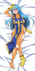 Rule 34 | 1girl, blue hair, blue tabard, blush, bodysuit, boots, breasts, collarbone, cross, dakimakura (medium), dragon quest, dragon quest iii, full body, gloves, highres, large breasts, long hair, lying, moyomoto frt, on back, open mouth, orange bodysuit, priest (dq3), red eyes, single boot, solo, tabard, toes, torn bodysuit, torn clothes, white background, yellow footwear, yellow gloves