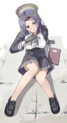 Rule 34 | 1girl, black footwear, black gloves, blush, book, commentary, dress, full body, gloves, hair between eyes, halo, highres, kantai collection, loafers, long sleeves, looking at viewer, mechanical halo, medium hair, narukan, neck ribbon, on ground, parted lips, purple eyes, purple hair, red ribbon, ribbon, shoes, sitting, solo, tatsuta (kancolle)