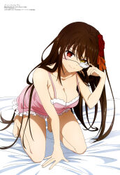 Rule 34 | 1girl, absurdres, all fours, bare shoulders, bed, black hair, blush, breasts, cleavage, clock eyes, collarbone, date a live, eyepatch, flower, hair flower, hair ornament, hair ribbon, heterochromia, highres, large breasts, long hair, looking at viewer, magazine scan, medical eyepatch, megami magazine, official art, on bed, pajamas, pink pajamas, red eyes, red ribbon, ribbon, scan, sidelocks, smile, symbol-shaped pupils, thighs, tokisaki kurumi, very long hair, yellow eyes