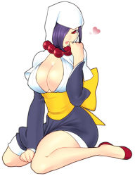 Rule 34 | 1girl, bow, breasts, center opening, female focus, full body, heart, high heels, hood, large breasts, lips, ookami (game), open mouth, purple hair, rao, short hair, simple background, sitting, solo, tokisige, white background