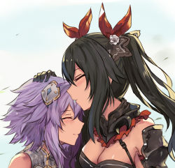 Rule 34 | 2girls, armor, bare shoulders, black gloves, black hair, blush, breasts, cleavage, closed mouth, closed eyes, female focus, four goddesses online: cyber dimension neptune, friends, gloves, hair between eyes, hair ornament, hair ribbon, hairpods, hand on another&#039;s head, head grab, kiss, kissing forehead, light purple hair, long hair, medium breasts, multiple girls, neptune (neptunia), neptune (series), noire (neptunia), purple hair, red ribbon, ribbon, short hair, sleeveless, smile, twintails, upper body, white crow, yuri