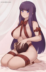 Rule 34 | 1girl, bare shoulders, blunt bangs, blush, breasts, candy, chocolate, chocolate heart, fern (sousou no frieren), food, heart, highres, hioyami, large breasts, long hair, looking at viewer, naked ribbon, purple eyes, purple hair, red ribbon, ribbon, seiza, sidelocks, sitting, solo, sousou no frieren, valentine