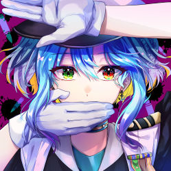 Rule 34 | 1girl, absurdres, anchor earrings, anchor symbol, bayaji0521, blue hair, blue shirt, choker, covering own mouth, earrings, gloves, hair between eyes, hand over own mouth, hat, heterochromia, highres, jacket, jewelry, military, military jacket, military uniform, original, shirt, solo, uniform, white gloves