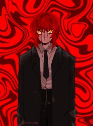 Rule 34 | 1girl, abstract background, artist name, black jacket, black necktie, black pants, blood, blood on clothes, blood on face, chainsaw man, closed mouth, collared shirt, commentary, formal, jacket, kaogens, long hair, long sleeves, looking at viewer, makima (chainsaw man), necktie, pants, red background, red hair, ringed eyes, shirt, solo, standing, suit, white shirt, yellow eyes