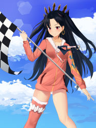 Rule 34 | 1girl, absurdres, black hair, black ribbon, blue sky, blush, checkered flag, closed mouth, cloud, commentary request, day, ds a, earrings, fate/grand order, fate (series), flag, forehead, fur-trimmed jacket, fur-trimmed legwear, fur trim, hair ribbon, highres, holding, holding flag, hoop earrings, ishtar (fate), ishtar (swimsuit rider) (fate), jacket, jewelry, long hair, long sleeves, outdoors, parted bangs, pink jacket, red eyes, red thighhighs, ribbon, single thighhigh, sky, smile, solo, standing, thighhighs, tiara, two side up, very long hair