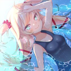 Rule 34 | 1girl, akai haato, alternate hairstyle, aqua eyes, bare arms, bare shoulders, blonde hair, blue one-piece swimsuit, breasts, closed mouth, eyelashes, hair ornament, hair ribbon, heart, heart hair ornament, highres, hiva+, hololive, large breasts, long hair, looking at viewer, old school swimsuit, on water, one-piece swimsuit, red ribbon, ribbon, school swimsuit, shading eyes, skin tight, smile, solo, swimsuit, twintails, upper body, very long hair, virtual youtuber, water