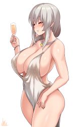 Rule 34 | 1girl, absurdres, azur lane, backless dress, backless outfit, bare shoulders, blush, bracelet, breasts, champagne flute, cleavage, closed eyes, cup, dress, drinking glass, evening gown, grey dress, hair between eyes, hair over shoulder, halter dress, halterneck, highres, holding, holding cup, jewelry, jmg, large breasts, long hair, mature female, necklace, plunging neckline, revealing clothes, sidelocks, signature, silver dress, silver hair, smile, st. louis (luxurious wheels) (azur lane), thighs, uzaki-chan wa asobitai!, uzaki tsuki, white background