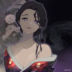 Rule 34 | 1girl, bare shoulders, black background, black hair, breasts, cleavage, closed mouth, collarbone, dalc rose, floral background, floral print, glowing, glowing eye, hair bun, hair over one eye, japanese clothes, kimetsu no yaiba, kimono, lipstick, looking at viewer, makeup, messy hair, off shoulder, purple background, purple eyes, single hair bun, slit pupils, smoke, solo, tamayo (kimetsu no yaiba), twitter username, updo, upper body