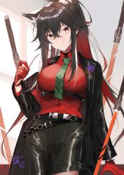 Rule 34 | 1girl, absurdres, animal ear fluff, animal ears, arknights, belt, black belt, black coat, black hair, black shorts, chest harness, coat, collared shirt, commentary request, cowboy shot, crossed bangs, gloves, green necktie, harness, highres, holding, long hair, looking at viewer, momijisio, necktie, official alternate costume, open clothes, open coat, red eyes, red gloves, red shirt, shirt, shorts, simple background, solo, standing, striped clothes, striped shorts, sword, texas (arknights), texas (willpower) (arknights), vertical-striped clothes, vertical-striped shorts, watch, weapon, wolf ears, wristwatch