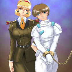 Rule 34 | 1990s (style), 1boy, 1girl, belt, blonde hair, blue eyes, bound, bound arms, breasts, brooch, brown hair, chain, cowboy shot, cuffs, earrings, eye contact, gloves, gundam, hairband, hand on own hip, hip focus, jewelry, katejina loos, large breasts, looking at another, military, military uniform, pilot suit, red eyes, retro artstyle, shackles, short hair, simple background, skirt uniform, standing, tied up, uniform, uso evin, victory gundam, wancozow, white gloves