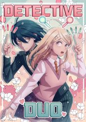 Rule 34 | 1boy, 1girl, ahoge, akamatsu kaede, black hair, black pants, blonde hair, breasts, brown eyes, bullet, cheer (cheerpuppy14), collared shirt, commentary, cowboy shot, danganronpa (series), danganronpa v3: killing harmony, english commentary, english text, floating, floating object, flower, fortissimo, hair between eyes, hair ornament, heart, highres, index finger raised, jacket, large breasts, long hair, long sleeves, looking at another, magnifying glass, musical note, musical note hair ornament, necktie, open mouth, pants, pink sweater, pink sweater vest, pink vest, pleated skirt, pointing, saihara shuichi, school uniform, shirt, skirt, smile, striped clothes, striped jacket, striped pants, sweater, sweater vest, teeth, upper teeth only, vest, white flower, white shirt
