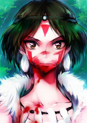 Rule 34 | 1990s (style), 1girl, blood, blood on face, blood on clothes, brown eyes, brown hair, earrings, facepaint, facial mark, fur, jewelry, looking at viewer, mononoke hime, necklace, retro artstyle, san (mononoke hime), short hair, solo, studio ghibli, tima