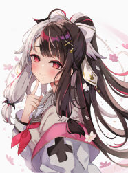 Rule 34 | 1girl, black hair, bow, brown footwear, closed mouth, commentary request, finger to cheek, flower, grey sailor collar, hair bow, hair ornament, hairclip, highres, jacket, long sleeves, looking at viewer, miakiuehashi, multicolored hair, neckerchief, nijisanji, open clothes, open jacket, pink flower, ponytail, red eyes, red neckerchief, sailor collar, sidelocks, simple background, smile, solo, split-color hair, upper body, virtual youtuber, white background, white bow, white hair, white jacket, wing hair ornament, yorumi rena, yorumi rena (9th costume)