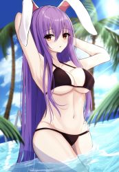 Rule 34 | 1girl, 7saki, animal ears, armpits, arms up, bikini, black bikini, blurry, blurry background, blush, breasts, caustics, cloud, cowboy shot, day, dutch angle, hair between eyes, halterneck, highres, large breasts, long hair, looking at viewer, navel, outdoors, palm tree, parted lips, partially submerged, purple hair, rabbit ears, red eyes, reisen udongein inaba, sky, solo, string bikini, sunlight, swimsuit, touhou, tree, very long hair, water
