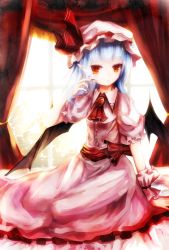 Rule 34 | 1girl, ascot, backlighting, bad id, bad pixiv id, basilis9, bat wings, blue hair, brooch, curtains, dress, hand in own hair, hat, hat ribbon, highres, jewelry, looking at viewer, mob cap, pink dress, pointy ears, puffy sleeves, red eyes, remilia scarlet, ribbon, sash, short sleeves, sitting, solo, touhou, wariza, window, wings, wrist cuffs