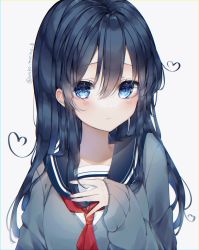 Rule 34 | 1girl, absurdres, blouse, blue eyes, blue sailor collar, blue sweater, blush, closed mouth, commentary request, hair between eyes, hand on own chest, hand up, heart, heart hair, highres, long hair, long sleeves, looking at viewer, morino wako, neckerchief, original, red neckerchief, sailor collar, school uniform, serafuku, shirt, simple background, solo, sweater, twitter username, upper body, white background, white shirt