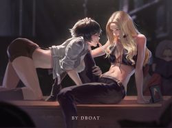 Rule 34 | 1boy, 2girls, all fours, artist name, bare shoulders, belt, black hair, blonde hair, blurry, blurry background, blush, breasts, cleavage, cropped jacket, dante (devil may cry), dark background, dboat, desk, devil may cry (series), devil may cry 5, eye contact, food, hand on another&#039;s head, highres, lady (devil may cry), large breasts, leather, leather pants, hugging another&#039;s leg, light, light rays, long hair, looking at another, medium breasts, multiple girls, pants, peeking, picture frame, pizza, purple eyes, reading, red eyes, shared food, short hair, short shorts, shorts, silver hair, smile, trish (devil may cry), undone, yuri